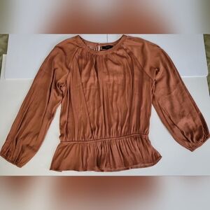 Eclair Tan Satin Feeling Round Neck Elastic Waist Long Sleeve Blouse